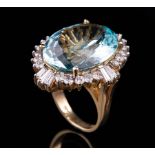 14 kt. Yellow Gold, Aquamarine and Diamond Ring , large oval faceted aquamarine surrounded 20 full