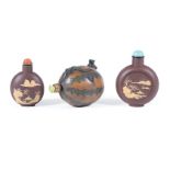 Three Chinese Yixing Pottery Snuff Bottles , incl. melon-form borne on vines surmounted by a toad,