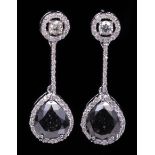Pair of 14 kt. White Gold, Black Diamond and Colorless Diamond Dangle Earrings , 2 prong set pear