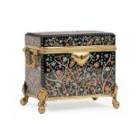 Bohemian Brass-Mounted Enameled Black Glass Dresser Box , c. 1900, hinged lid, overall floral