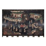 Chinese Carved and Painted Lacquer Eight Panel Screen , with ladies at leisurely pursuits in a