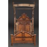 American Neo-Grec Carved and Burled Walnut Half-Tester Bed , lobed finials, architectonic crest,