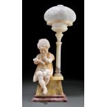 Italian Alabaster Figural Lamp , 19th c., etched globe atop columnar support, flanking figure of a