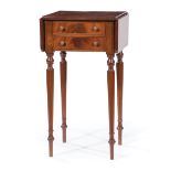 American Mahogany Work Table , early 19th c., drop leaf top, two drawers, ring turned tapered