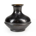 George Ohr Art Pottery Vase , squat form with tapered neck, gun-metal glaze, with mustard interior