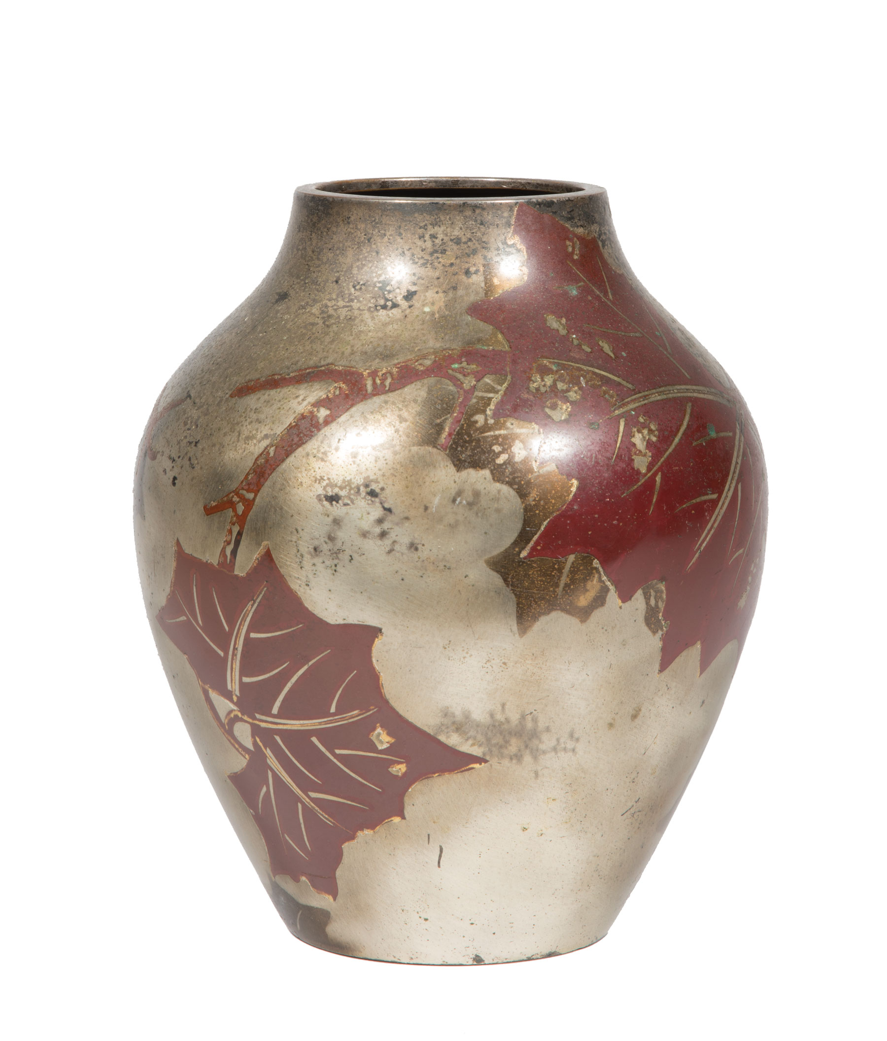 German Jugendstil Enamel and Metal Dinanderie Vase , c. 1927, marked "WMF/IKORA", h. 8 3/4 in., dia.