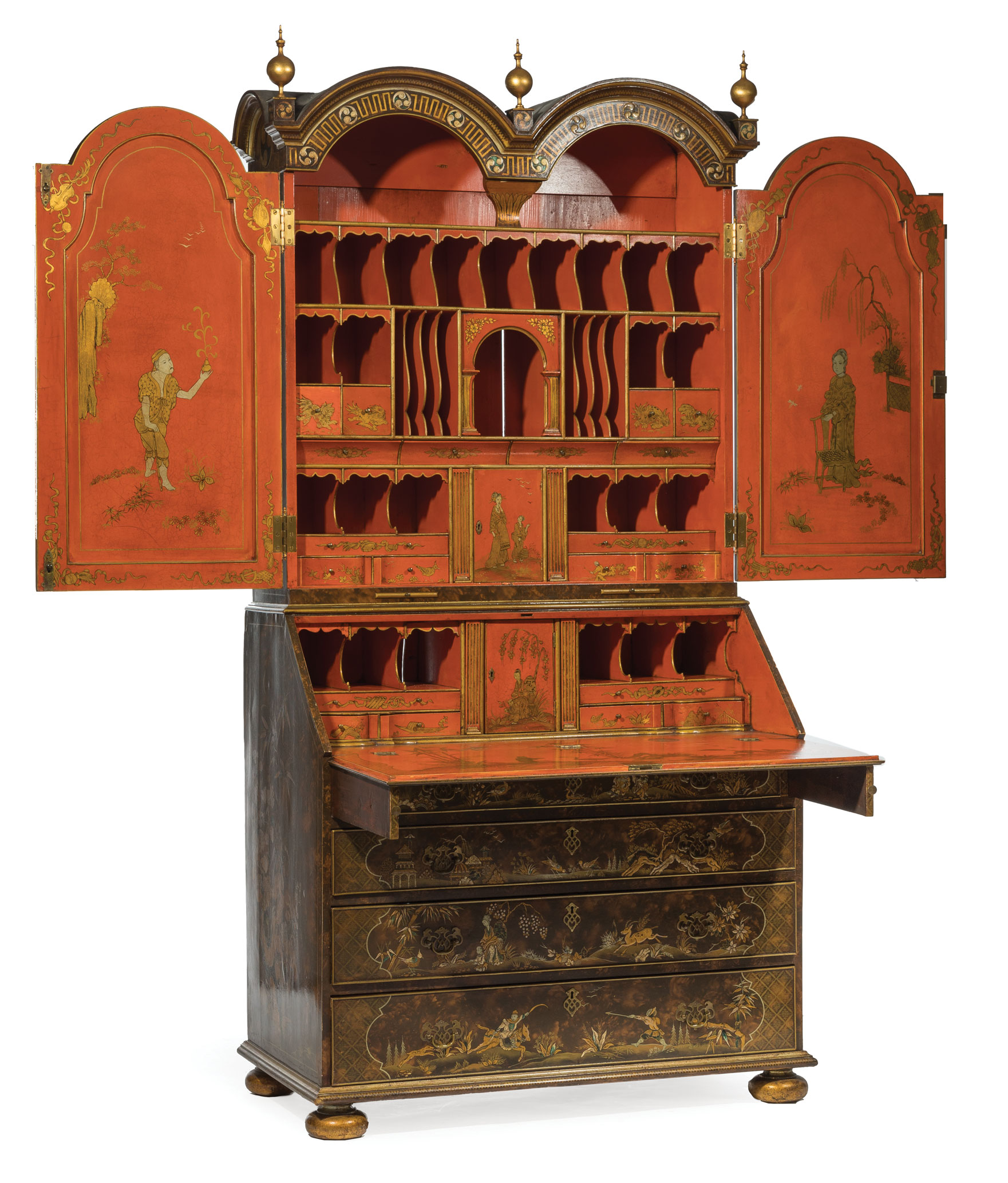 Georgian-Style Chinoiserie Secretary Bookcase , upper case with double dome crest and finials, - Image 3 of 6
