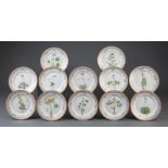 Twelve Royal Copenhagen "Flora Danica" Porcelain Bread Plates , dated 1968-83, dentil border with
