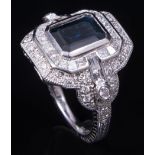 Platinum, Sapphire and Diamond Ring , center bezel set emerald-cut sapphire, wt. approx. 2.00 cts.,