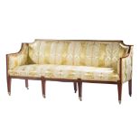 English Carved Mahogany Sofa in the George III Taste , 19th c., reeded frame, shaped crest rail,