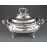 Georgian Sheffield Plate Soup Tureen , 19thc., oval with domed cover, matching acanthus and scroll