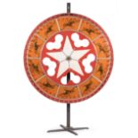American Casino Gaming Wheel , painted wood, metal and plastic, dia. 60 in., on steel stand, h. 86