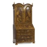 Georgian-Style Chinoiserie Secretary Bookcase , upper case with double dome crest and finials,