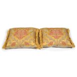 Pair of Gold Silk Brocade Pillows , with matching fringe and beige linen backing (19 in. x 16 1/2