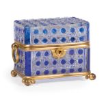 French Brass-Mounted Cobalt Cut-to-Clear Glass Dresser Box , c. 1900, hinged lid, ring handles, ball