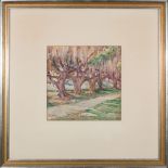 Ellsworth Woodward (American/Louisiana, 1861-1939), "Live Oak Lined Pathway", watercolor on paper,