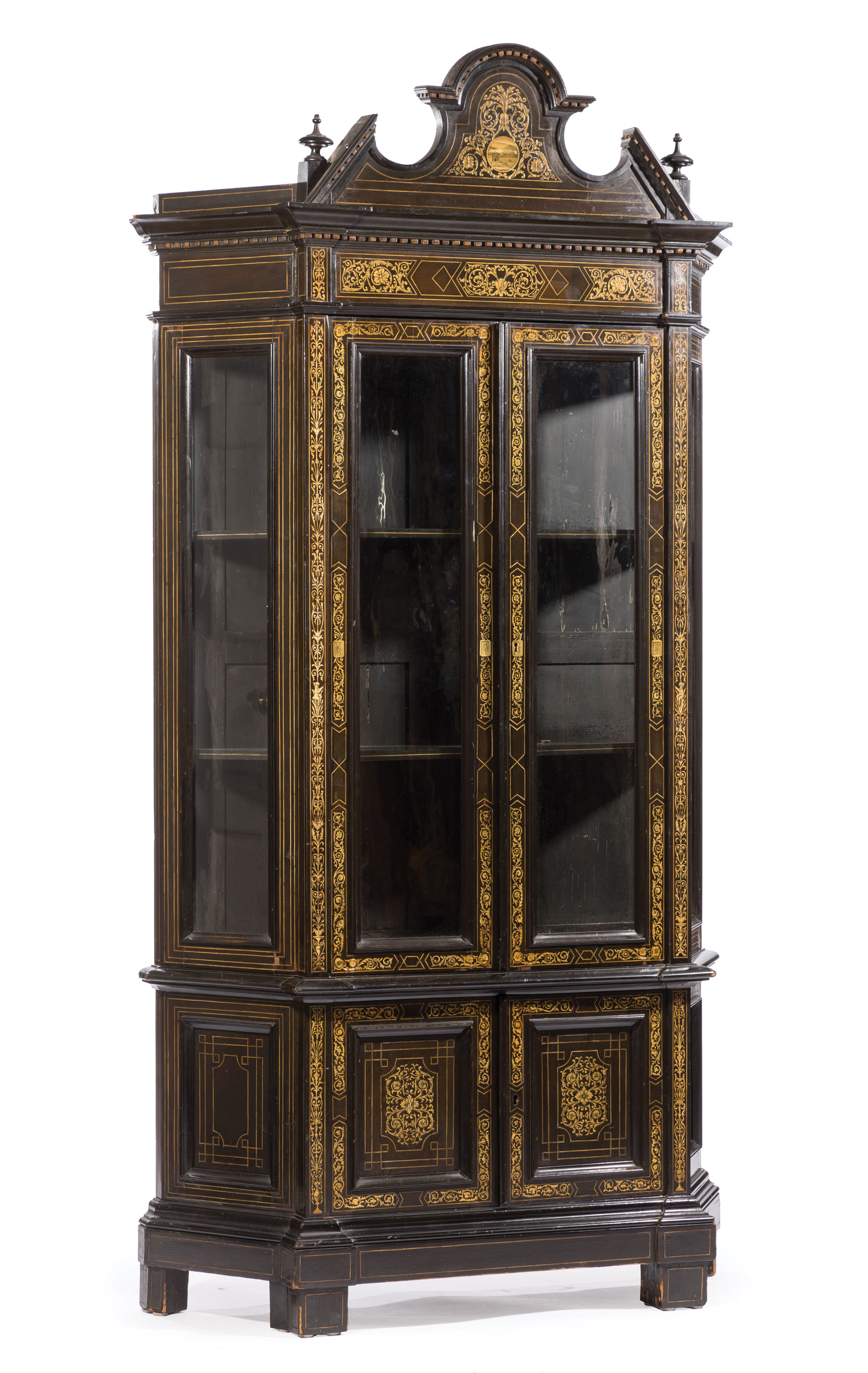 Italian Lombardy Inlaid Collector's Cabinet , late 19th c., broken pediment crest with central