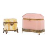 Two Continental Gilt Metal Mounted Opaline Glass Dresser Boxes , c. 1900, one octagonal coffer-form,