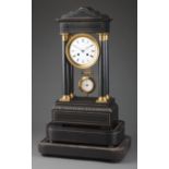 Napoleon III Ebonized and Brass Inlaid Portico Clock , 19th c., striking bell movement marked "