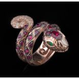 18 kt. Rose Gold, Ruby, Emerald, and Diamond "Serpent" Ring , head and back set with numerous oval