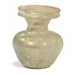 Ancient Roman Glass Vessel , molded rim, iridescent surface, h. 4 1/4 in., dia. 3 1/2 in Provenance: