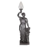 Empire-Style Patinated Plaster Figural Lamp , Classical figure beside a winged lion, flame form