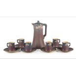 Newcomb College Art Pottery Chocolate Pot with Six Cups and Saucers , before 1928, matte glaze