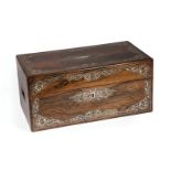 Large English Mother-of-Pearl Inlaid Rosewood Tea Caddy , velvet-lined interior, fitted with cut
