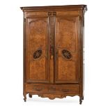 French Inlaid and Burl Walnut Armoire , Bresse, molded stepped cornice, fluted stiles, doors with "