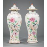 Pair of Chinese Famille Rose Porcelain Covered Garniture Vases , Qing Dynasty, 18th c., vibrantly