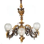 French Rococo Revival Gilt and Patinated Bronze Six-Light Gasolier , mid-19th c., foliate canopy,
