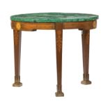 Continental Satinwood Inlaid Mahogany Center Table , malachite veneer top, apron inlaid with