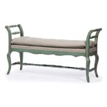 Provincial-Style Verte Peinte Window Bench , outswept arms, baluster turned stretchers, shaped