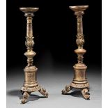 Pair of French Bronze Candlesticks , 18th c., acanthus and turned standards, scroll feet embellished