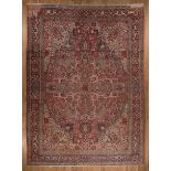 Serapi Carpet , red and pink ground, blue border, overall stylized floral design, 12 ft. 10 in. x 18