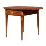 Federal-Style Inlaid Mahogany Pembroke Table , drop-leaf top, frieze drawer, ellipse and spear point