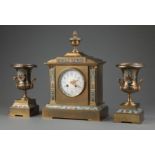 French Brass and Cloisonne Clock Garniture , c. 1920, striking gong movement with conforming