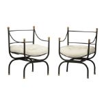 Pair of Continental Iron and Brass Curule Chairs , spherule mounted frame, loose cushion seats,