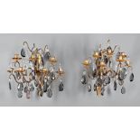 Pair of French Art Moderne Metal and Faceted Crystal Seven-Light Sconces , bead and pendant hung