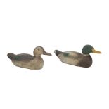 Pair of American Carved Wood Duck Decoys , mallard drake and hen, by Pratt Manufacturing Co., larger