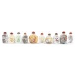 Ten Modern Inside Painted Glass Snuff Bottles by Xisan Academy Artists , incl. Liu Yancai, h. 3 1/