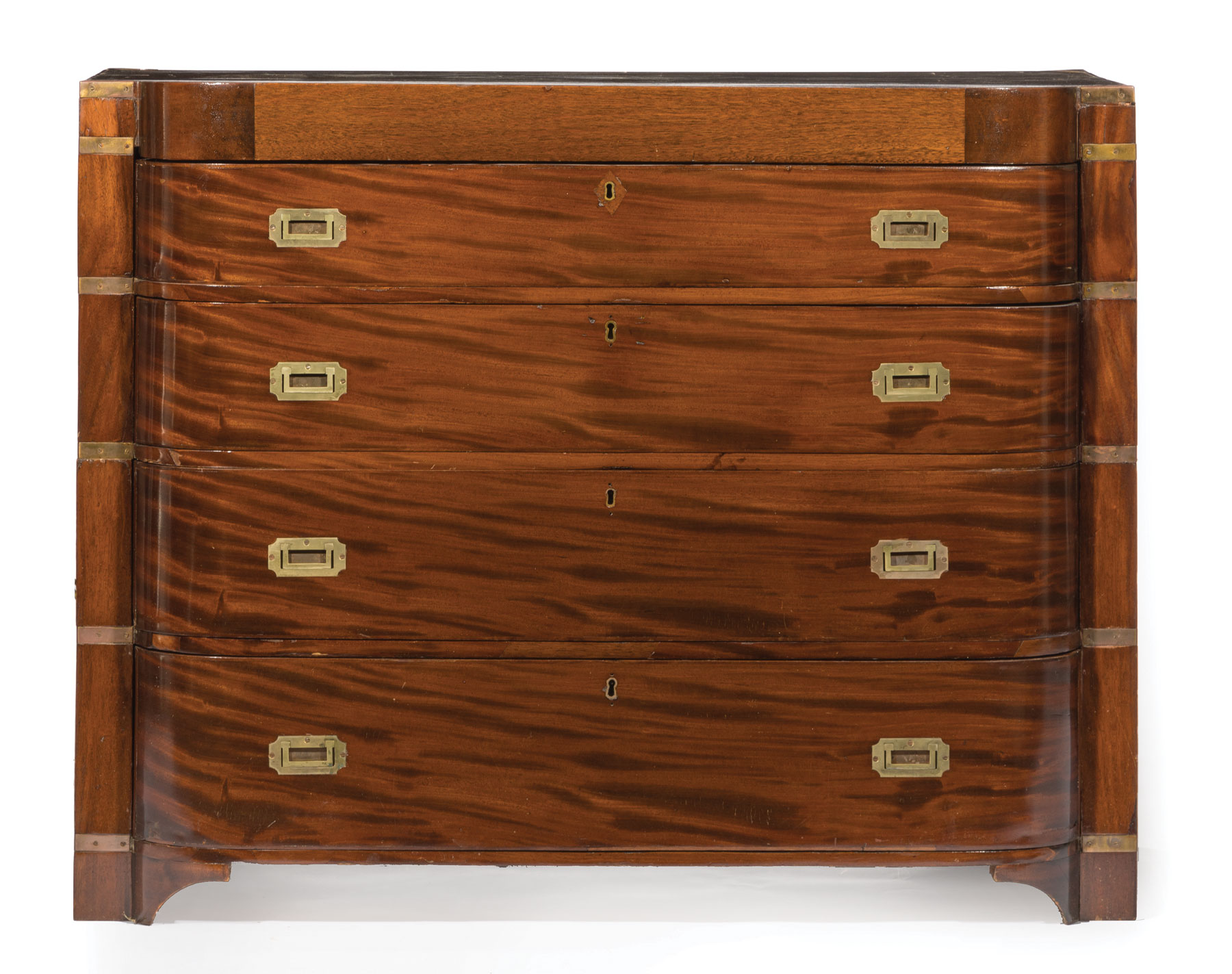 Anglo-Colonial Brass-Mounted Mahogany Bowfront Campaign Chest , 19th c., in two sections, top drawer - Image 3 of 3