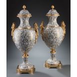 Large Pair of Giulia Mangani Gilt Bronze-Mounted Porcelain Urns , marked, marbleized bodies,