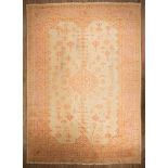 Oushak Carpet , in pale yellow ground, floral designs in pink, olive and blue, 14 ft. 3 in. x 20 ft.