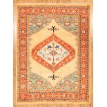Persian Carpet , sienna, blue, beige and green ground, floral and stylized animal design, 9 ft. 3