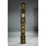 French Painted Tall Case Clock , early 19th c., rocaille carved case, brass repousse dial, later