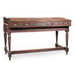American Carved Mahogany Accounting Desk , c. 1870, slant top, three frieze drawers, base with