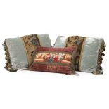 Group of Three Decorative Pillows with Wool Tapestry Panels , incl. pair of pewter velvet with