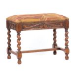 Antique French Stool , upholstered seat, nailhead trim, incised foliate and scroll apron, barley