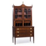 Hepplewhite-Style Inlaid Mahogany Secretary Bookcase , brass urn and eagle-mounted crest, Gothicized